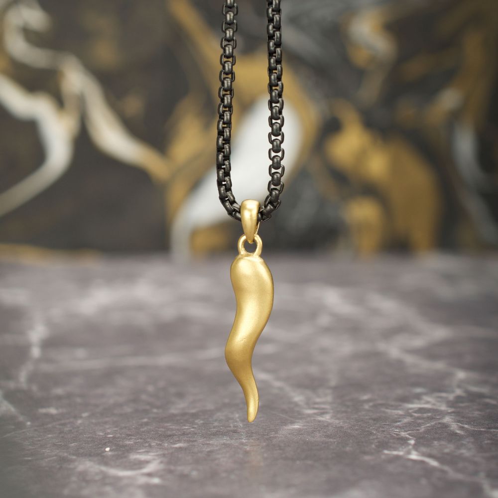 Men's Matte 18K Gold IP Italian Horn Pendant with Box Chain