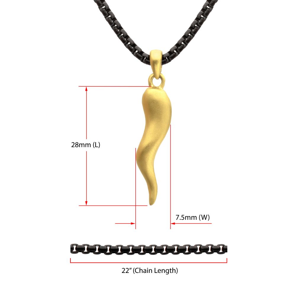 Men's Matte 18K Gold IP Italian Horn Pendant with Box Chain