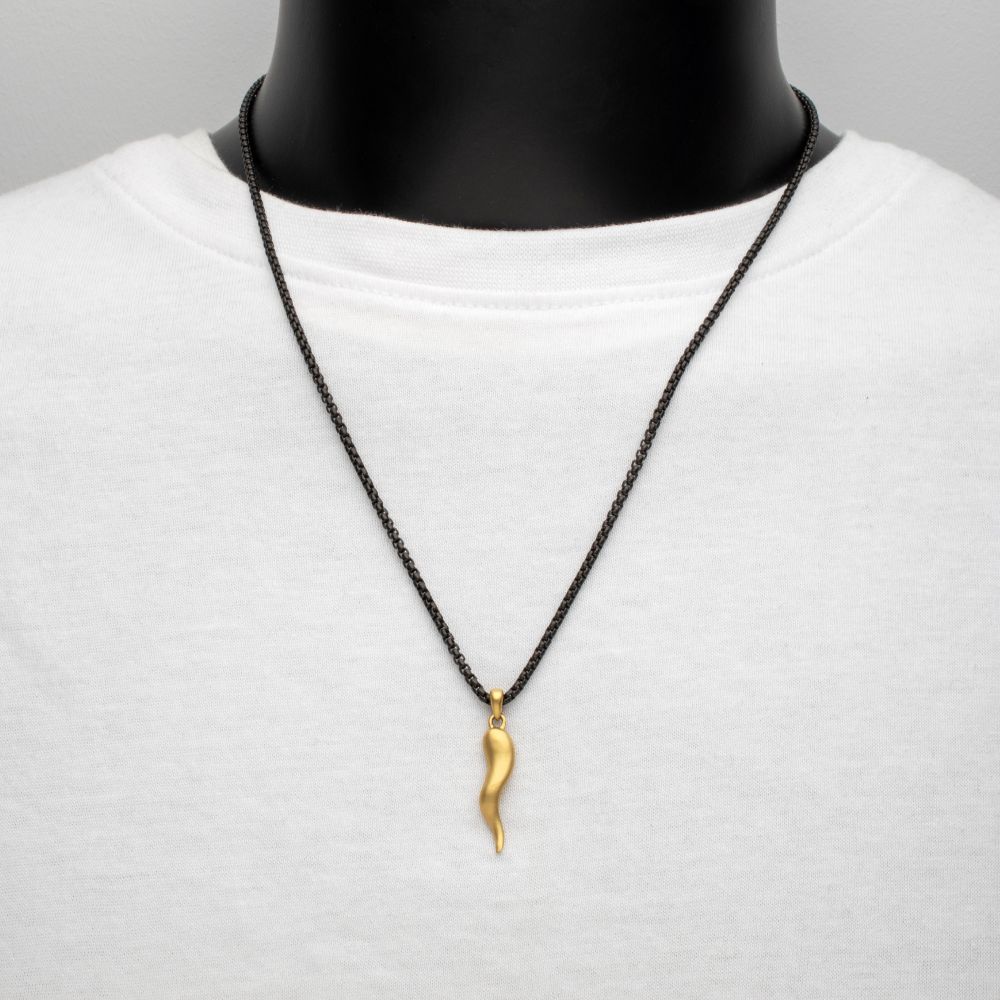 Men's Matte 18K Gold IP Italian Horn Pendant with Box Chain
