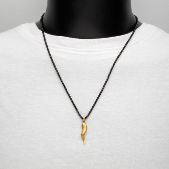 Men's Matte 18K Gold IP Italian Horn Pendant with Box Chain