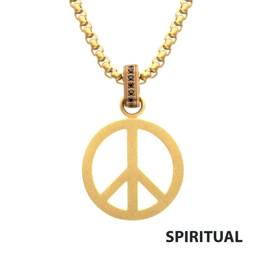 Men's Matte 18K Gold IP Peace Symbol Pendant with Black Sapphire