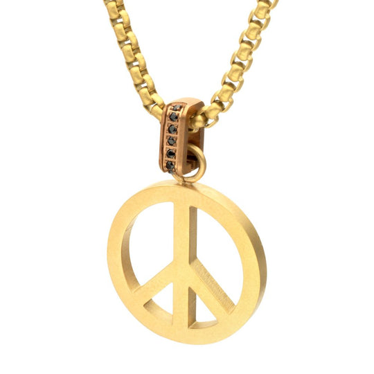 Men's Matte 18K Gold IP Peace Symbol Pendant with Black Sapphire