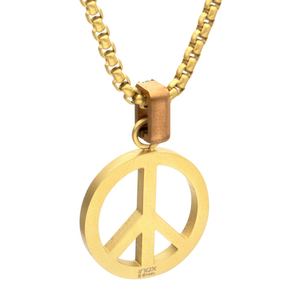 Men's Matte 18K Gold IP Peace Symbol Pendant with Black Sapphire