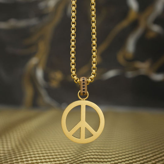Men's Matte 18K Gold IP Peace Symbol Pendant with Black Sapphire