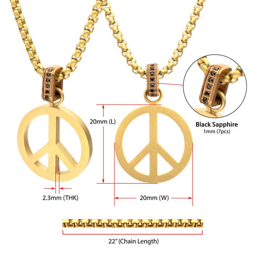 Men's Matte 18K Gold IP Peace Symbol Pendant with Black Sapphire