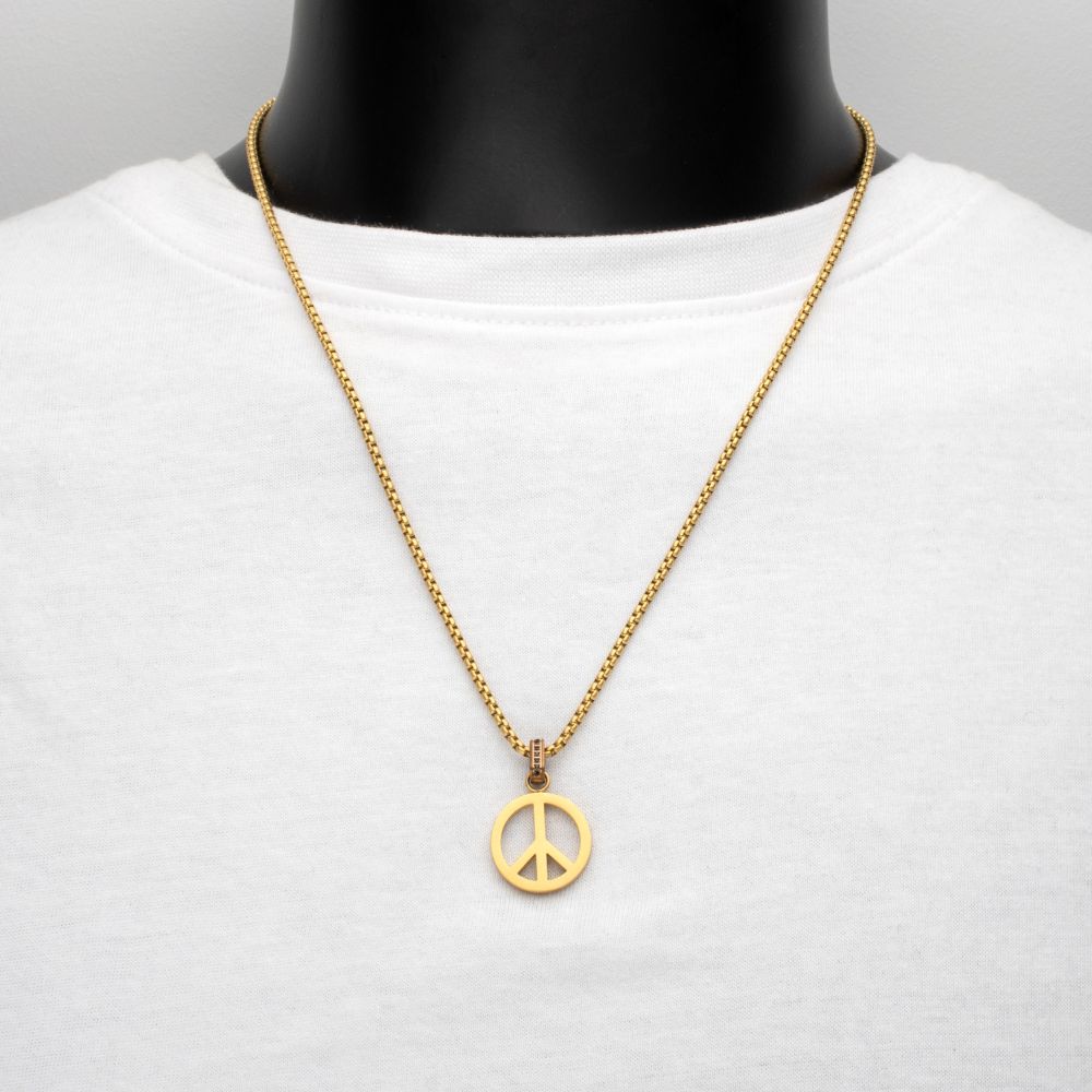 Men's Matte 18K Gold IP Peace Symbol Pendant with Black Sapphire