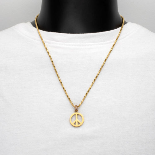 Men's Matte 18K Gold IP Peace Symbol Pendant with Black Sapphire
