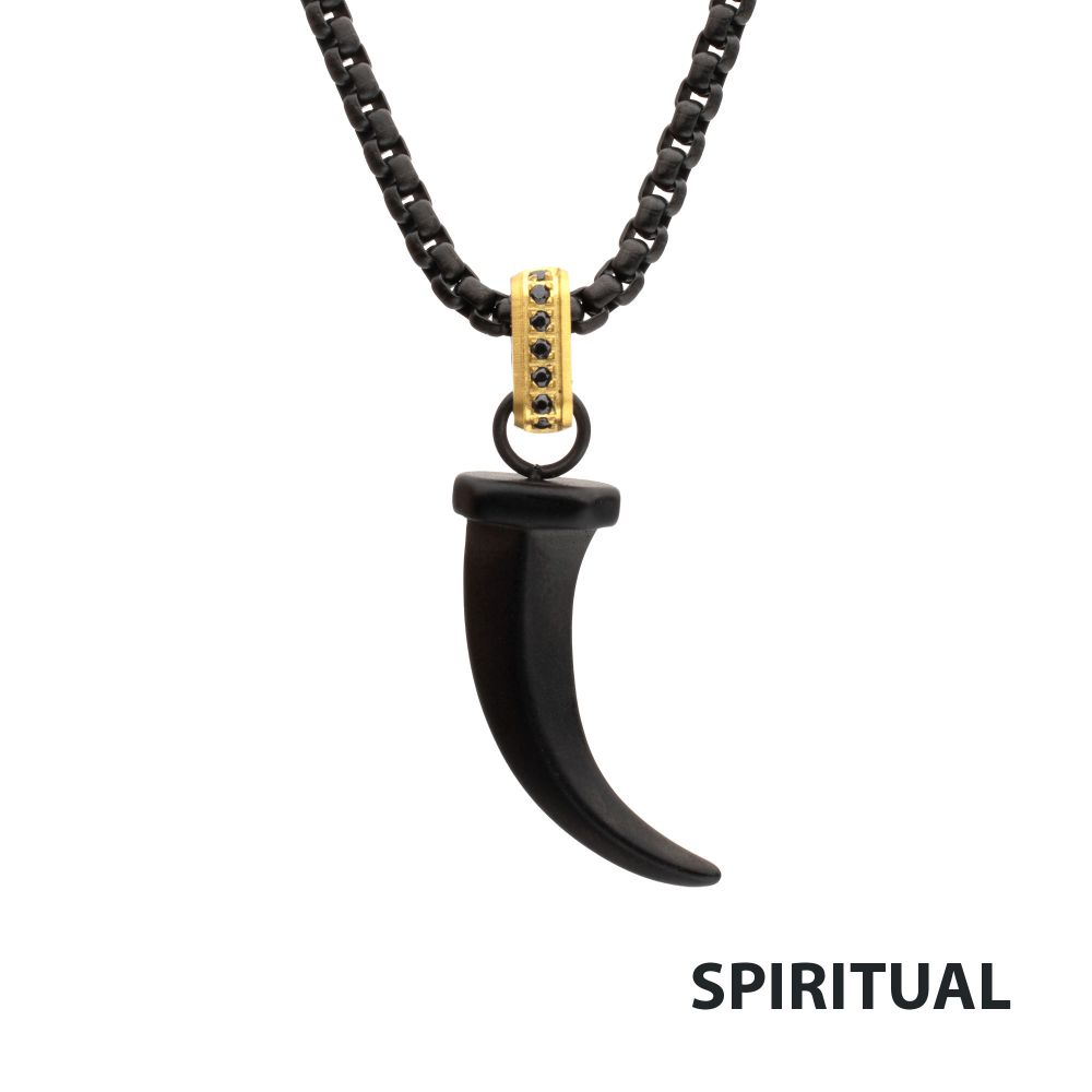 Men's Matte Black IP Steel Horn Pendant with Black Sapphire & Box Chain