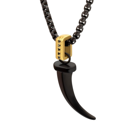 Men's Matte Black IP Steel Horn Pendant with Black Sapphire & Box Chain