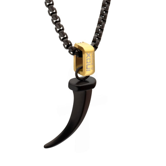 Men's Matte Black IP Steel Horn Pendant with Black Sapphire & Box Chain
