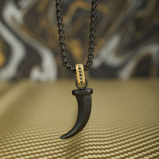 Men's Matte Black IP Steel Horn Pendant with Black Sapphire & Box Chain