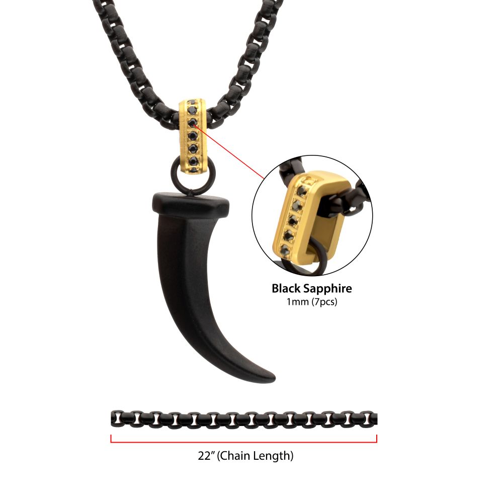 Men's Matte Black IP Steel Horn Pendant with Black Sapphire & Box Chain
