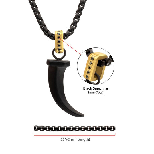 Men's Matte Black IP Steel Horn Pendant with Black Sapphire & Box Chain