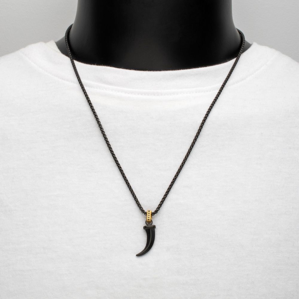 Men's Matte Black IP Steel Horn Pendant with Black Sapphire & Box Chain