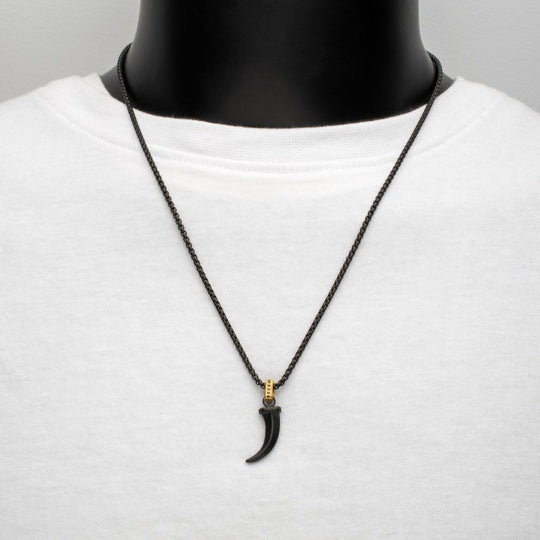 Men's Matte Black IP Steel Horn Pendant with Black Sapphire & Box Chain