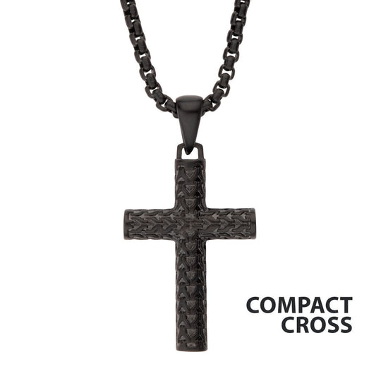 Men’s Black IP Matte Steel Scale Cross Pendant Necklace