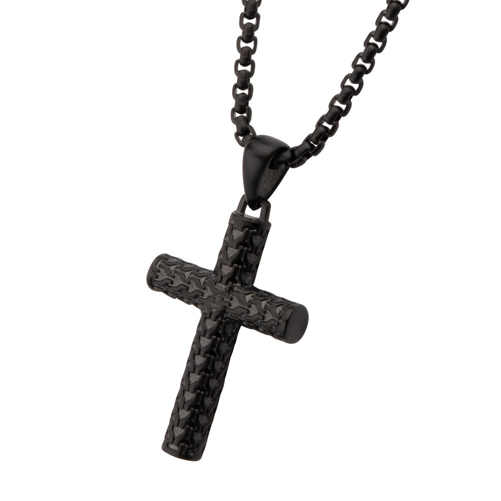 Men’s Black IP Matte Steel Scale Cross Pendant Necklace