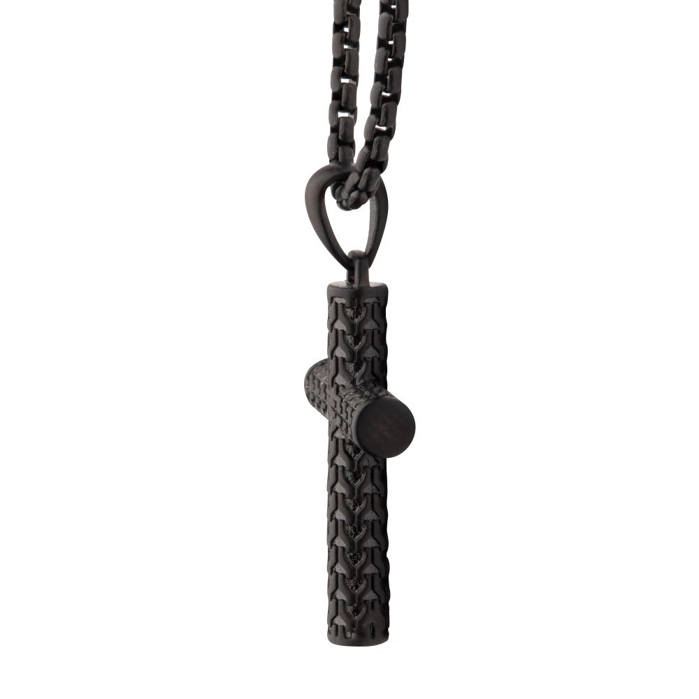 Men’s Black IP Matte Steel Scale Cross Pendant Necklace