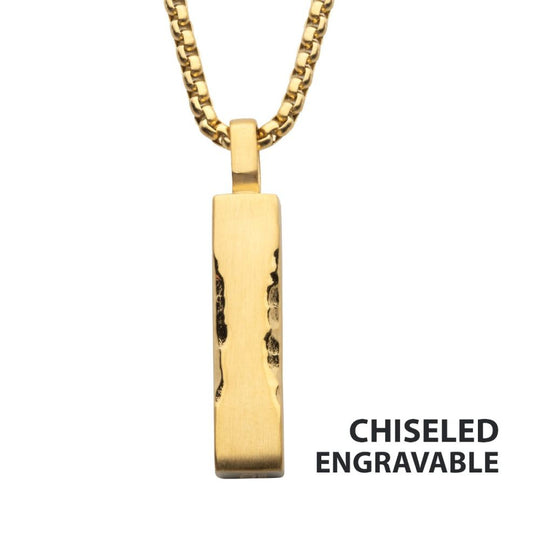 Men's Matte 18Kt Gold IP Chiseled Engravable Drop Pendant with Box Chain
