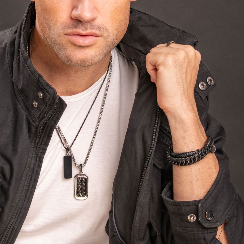 Men's Matte Black IP Engravable Drop Pendant with Round Box Chain