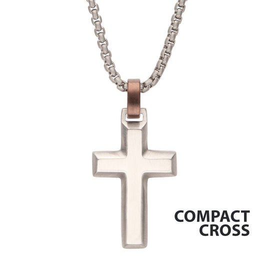 Men's Matte Stainless Steel Beveled Cross Pendant with Brown Bail