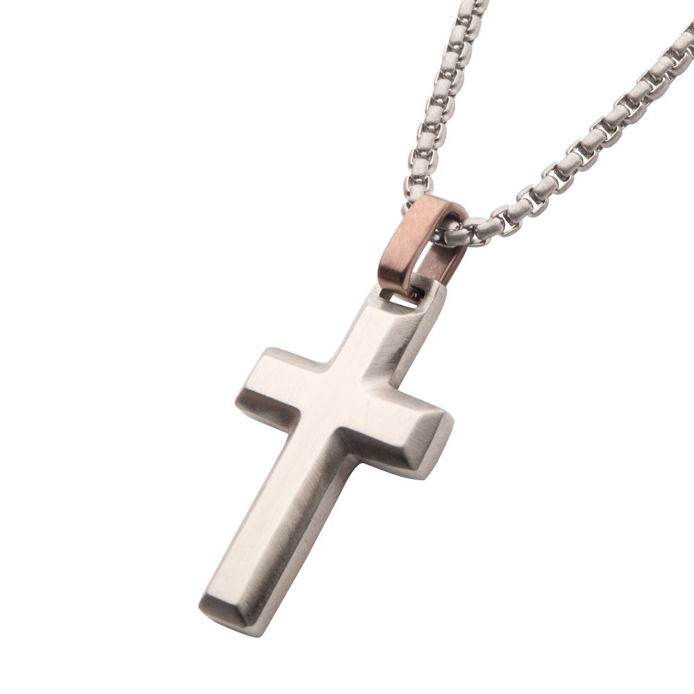 Men's Matte Stainless Steel Beveled Cross Pendant with Brown Bail