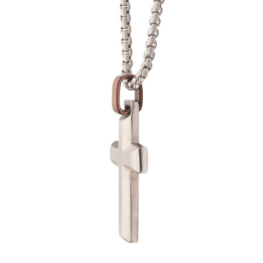 Men's Matte Stainless Steel Beveled Cross Pendant with Brown Bail