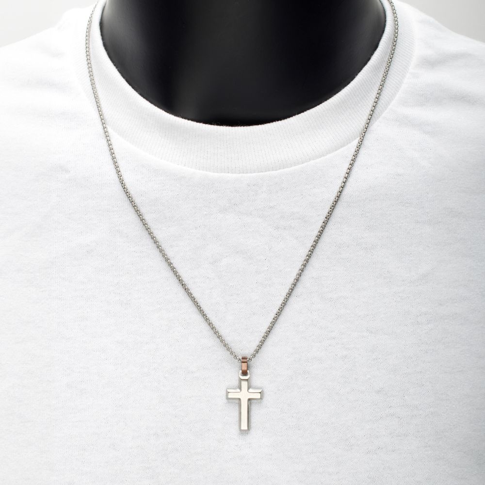 Men's Matte Stainless Steel Beveled Cross Pendant with Brown Bail