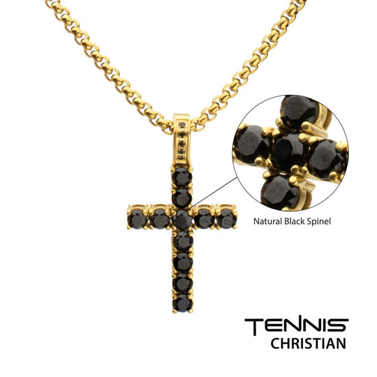 Men's Natural Black Spinel 18K Gold IP Stainless Steel Cross Pendant