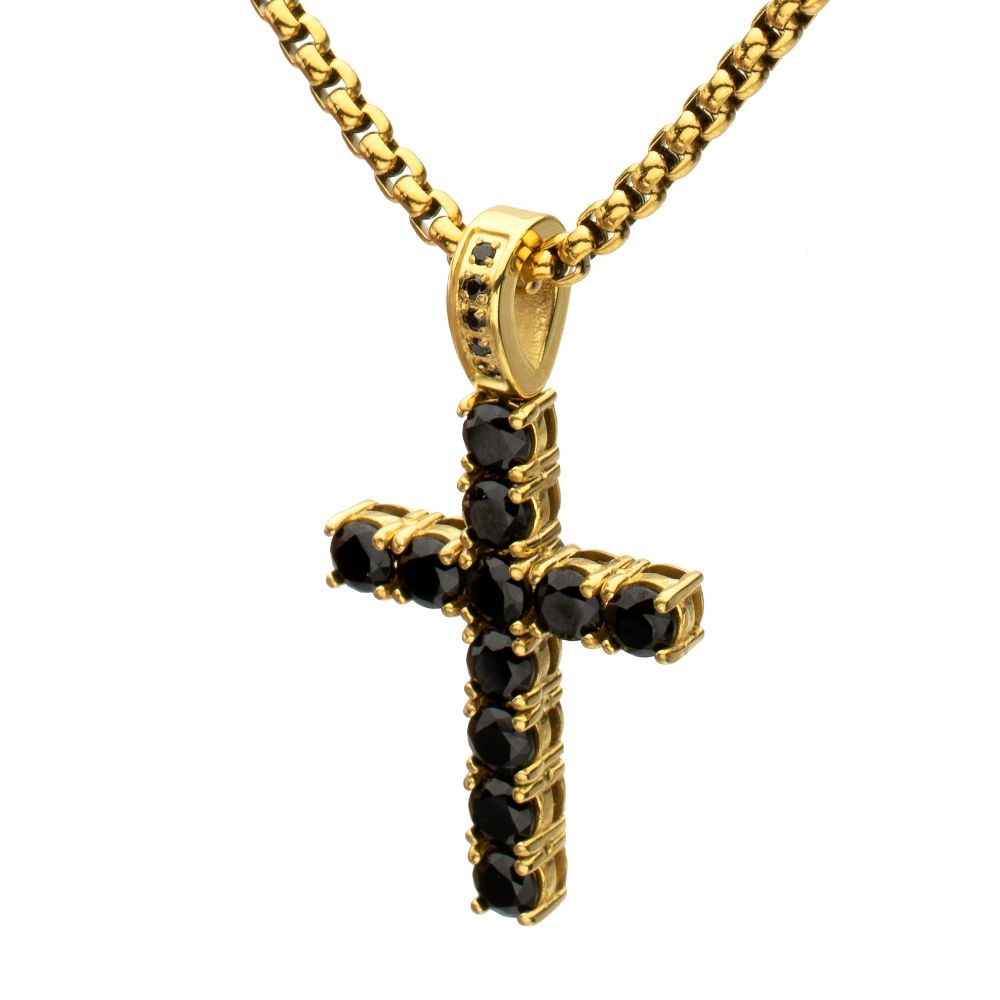 Men's Natural Black Spinel 18K Gold IP Stainless Steel Cross Pendant