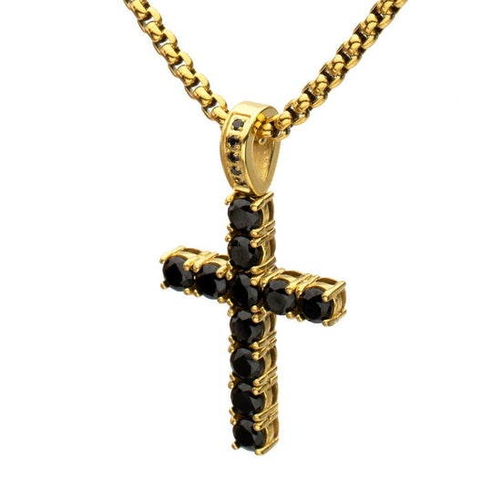 Men's Natural Black Spinel 18K Gold IP Stainless Steel Cross Pendant