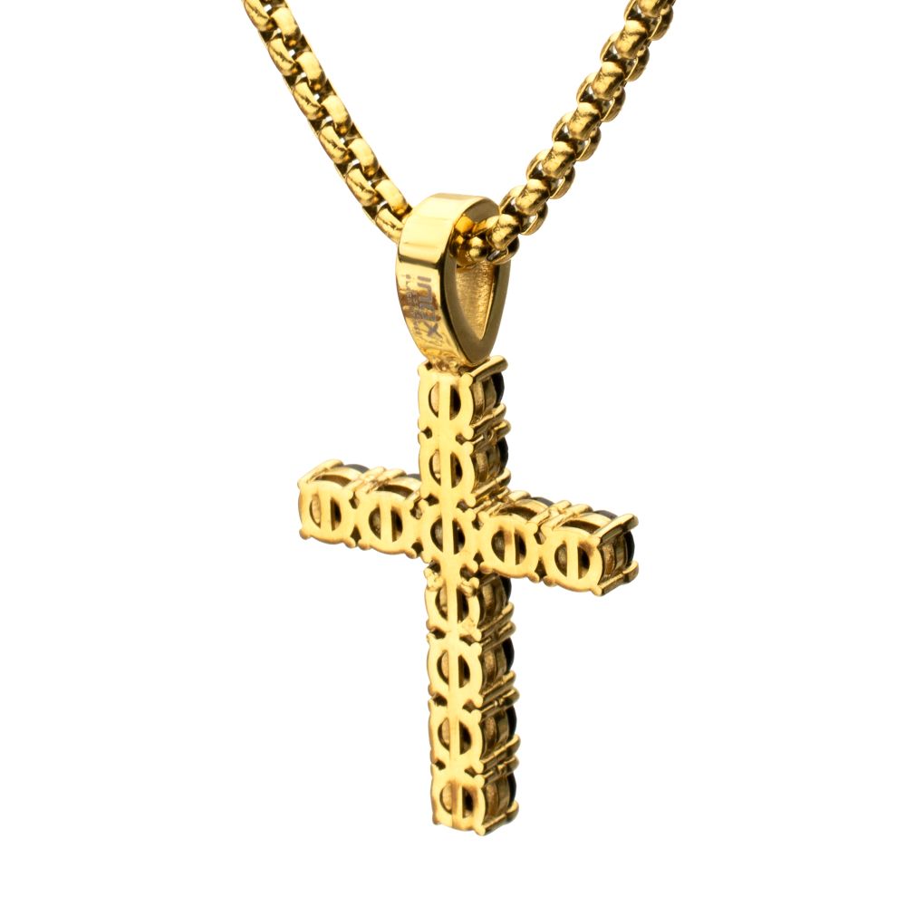 Men's Natural Black Spinel 18K Gold IP Stainless Steel Cross Pendant