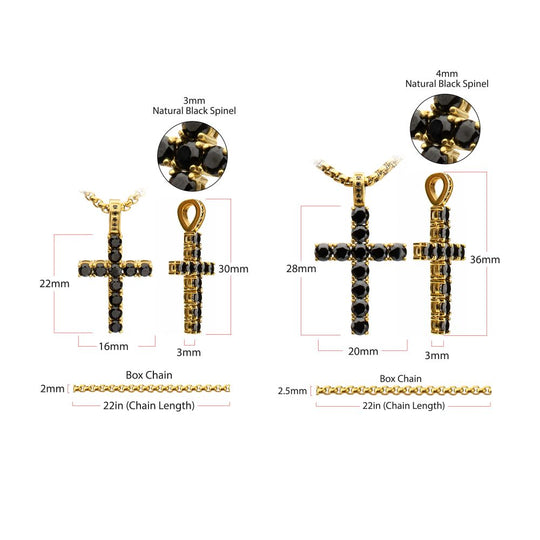 Men's Natural Black Spinel 18K Gold IP Stainless Steel Cross Pendant