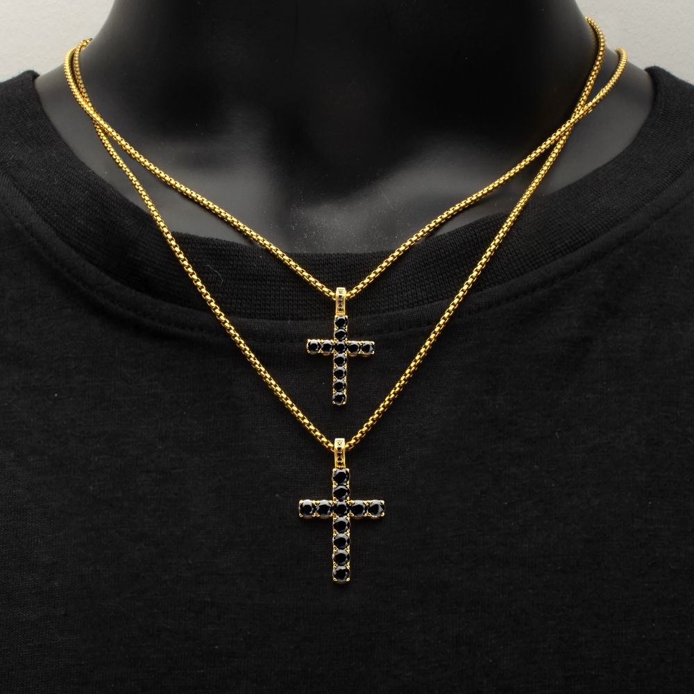 Men's Natural Black Spinel 18K Gold IP Stainless Steel Cross Pendant