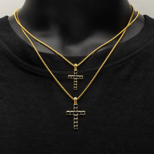 Men's Natural Black Spinel 18K Gold IP Stainless Steel Cross Pendant