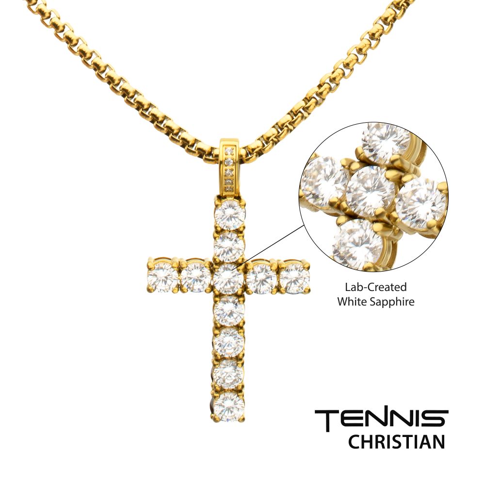 Men's White Sapphire 18K Gold Cross Pendant