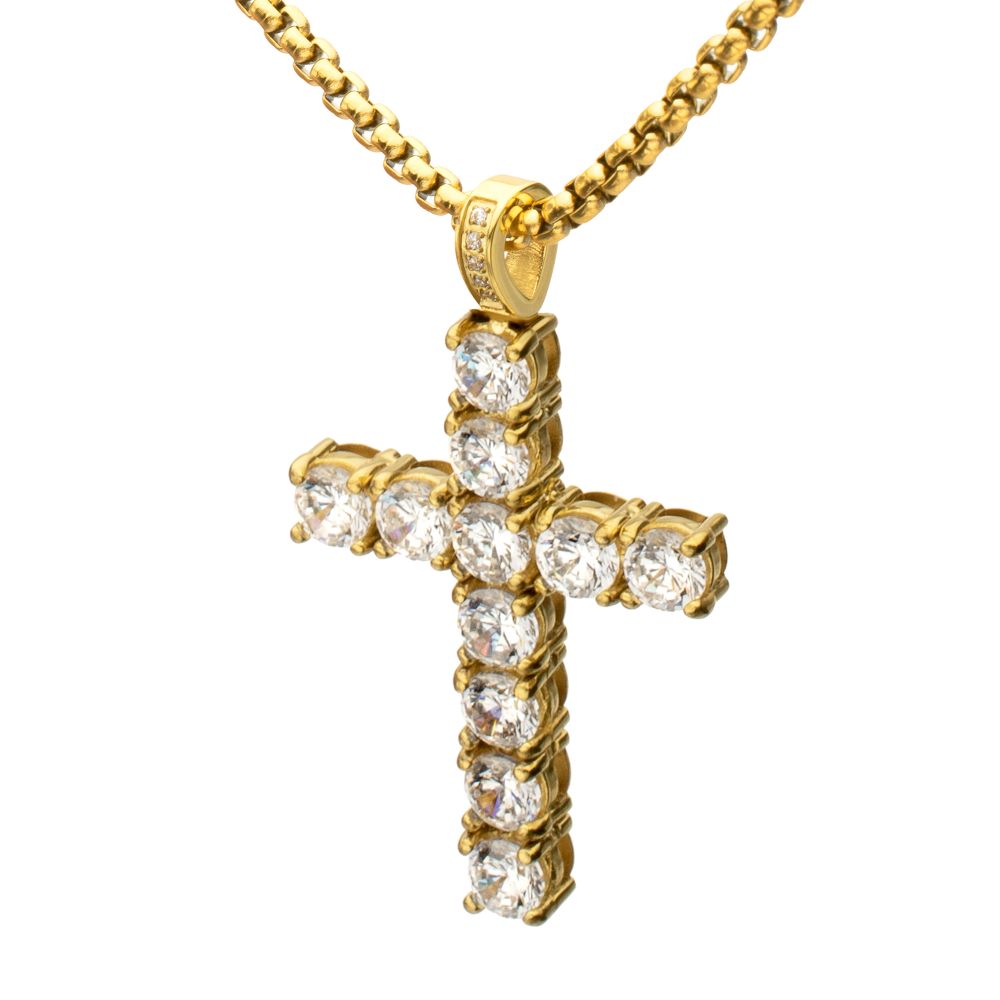 Men's White Sapphire 18K Gold Cross Pendant
