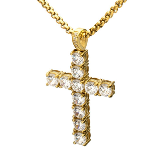 Men's White Sapphire 18K Gold Cross Pendant