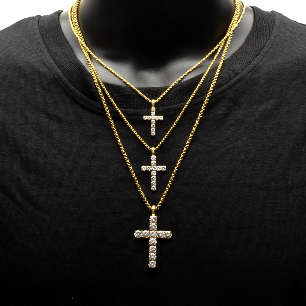 Men's White Sapphire 18K Gold Cross Pendant