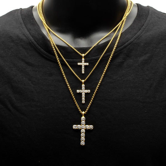 Men's White Sapphire 18K Gold Cross Pendant