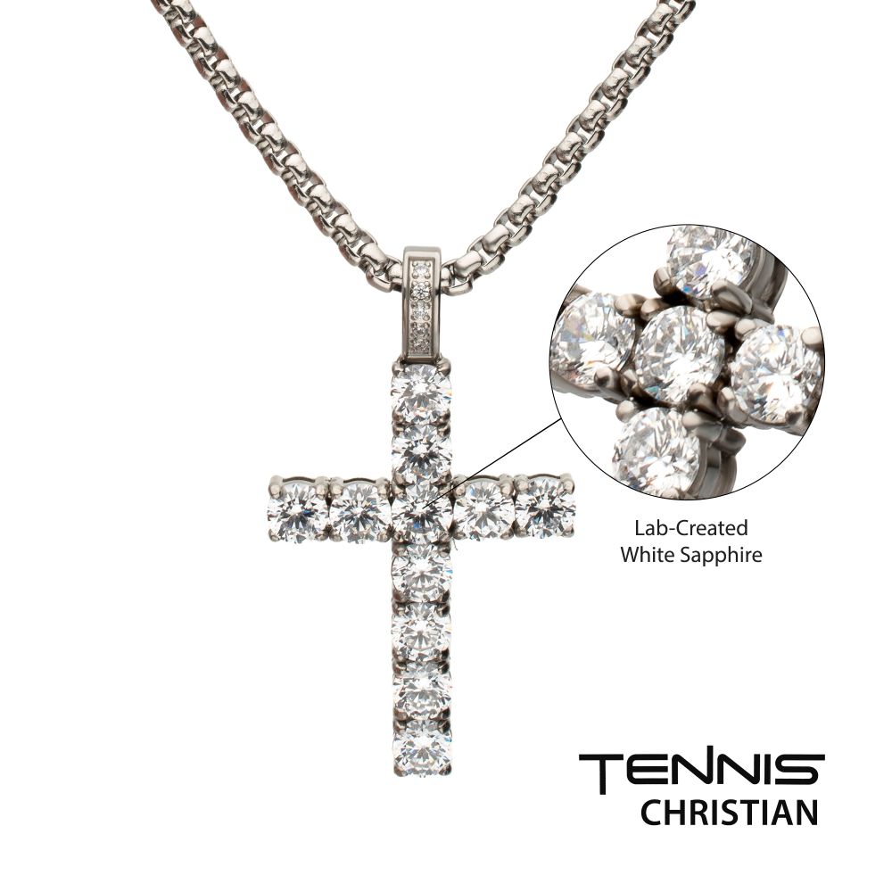 Men's Lab-Created White Sapphire Stainless Steel Cross Pendant