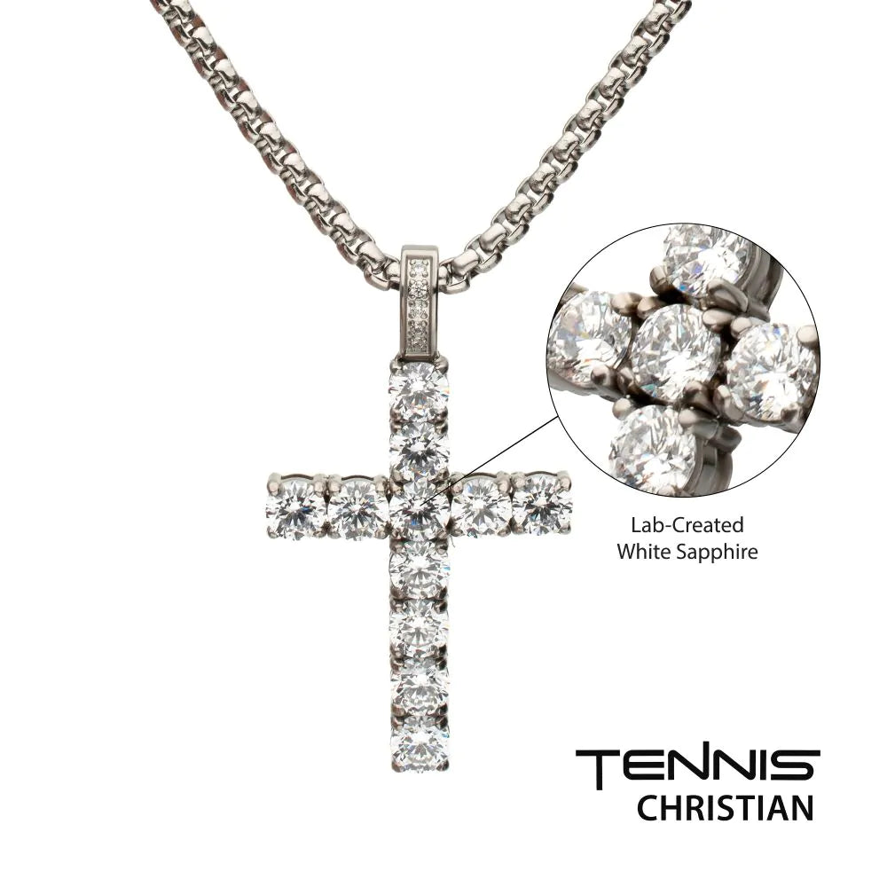 Men's Lab-Created White Sapphire Stainless Steel Cross Pendant