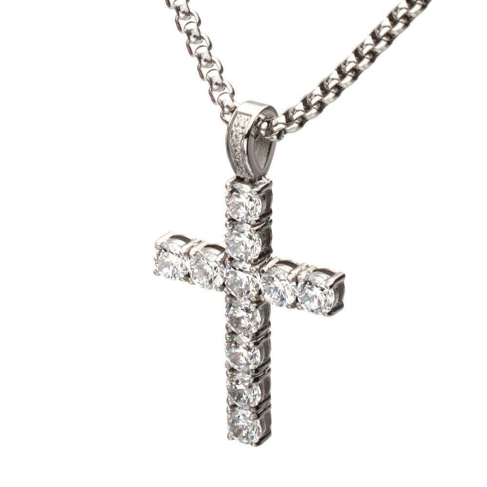 Men's Lab-Created White Sapphire Stainless Steel Cross Pendant