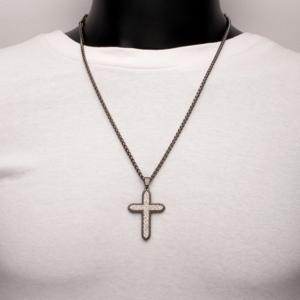 Gun Metal IP Stainless Steel Chiseled Bold Cross Firenze Pendant with Wheat Chain