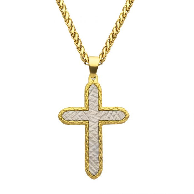 18K Gold IP Stainless Steel Chiseled Bold Cross Firenze Pendant with Wheat Chain