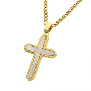 18K Gold IP Stainless Steel Chiseled Bold Cross Firenze Pendant with Wheat Chain