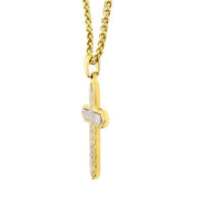 18K Gold IP Stainless Steel Chiseled Bold Cross Firenze Pendant with Wheat Chain