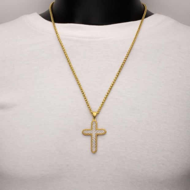 18K Gold IP Stainless Steel Chiseled Bold Cross Firenze Pendant with Wheat Chain