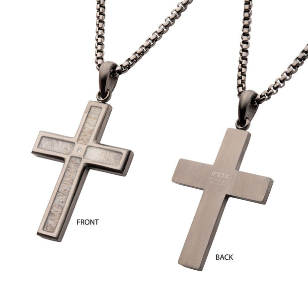 Gun Metal IP Steel Matte Finish Deer Antler Inlay with CZ Cross Pendant