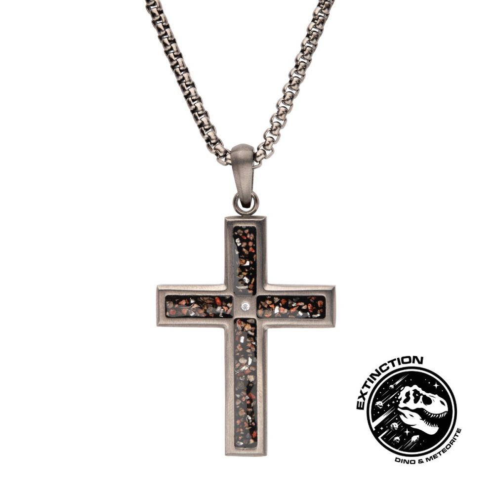 Men's Gunmetal Stainless Steel Dinosaur Bone Cross Pendant with CZ